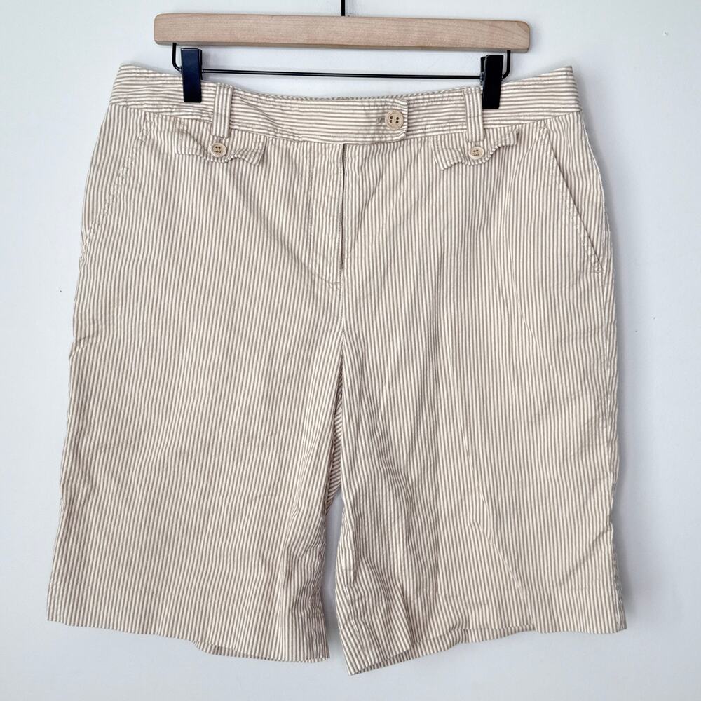Talbots Seersucker Shorts Womens 14 Tan Stripe High Rise Pockets Stretch Bermuda